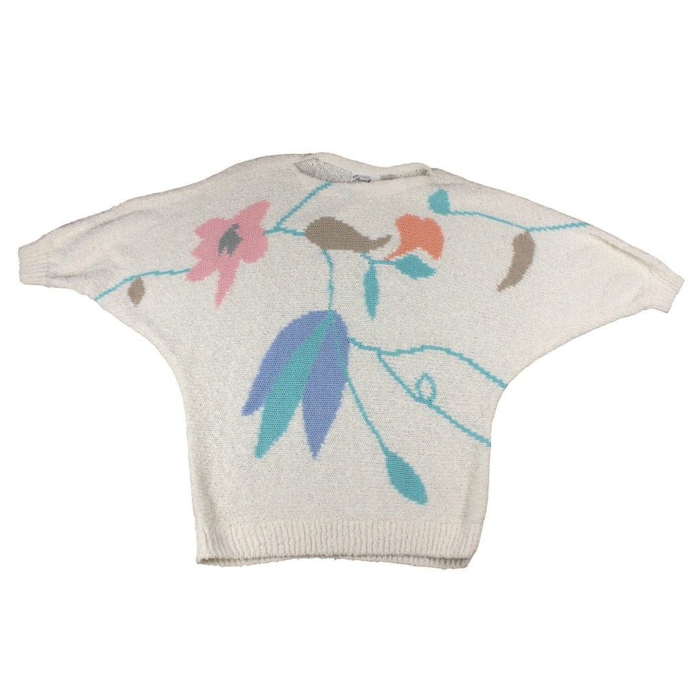 Vintage 80s 90s Batwing Boatneck Floral Sweater Bracelet Sleeve Oversized L